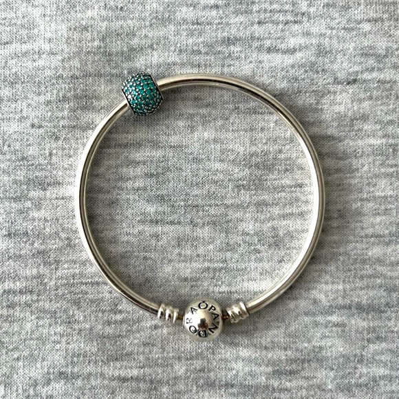 Authentic Pandora star pave bangle with teal pave charm - Picture 2 of 6